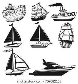 Set of boat, yachts illustrations isolated on white background. Design elements for logo, label, emblem, sign. Vector illustration
