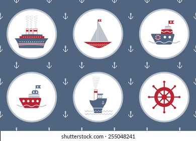 Set of boats for baby. Many small colored sail boats on blue background with white anchors. Boat pattern.