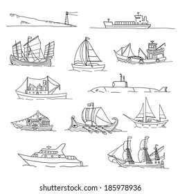 Set with boats of different ages. Doodles. Isolated  on a white background.