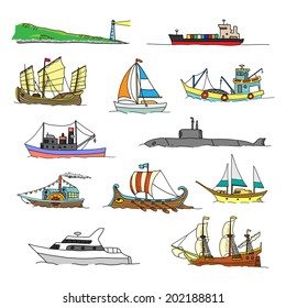 Set with boats of different ages. Doodles. Isolated  on a white background.
