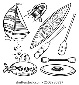 Set boats hand drawn doodle. Sea yacht, sailboat. Submarine, diving, seabed. Fishing boat. Canoe, kayak, paddle. Active recreation on river, rafting. Vector line art illustration.