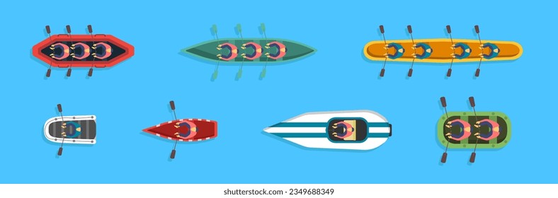 Set of boats, kayaks with people inside. River or sea, lake or pond with a motor or wooden sailboat. Top view fisherman boats on the water. Vector illustration, EPS 10.