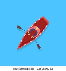 Set of boats, kayaks with people inside. River or sea, lake or pond with a motor or wooden sailboat. Top view fisherman boats on the water. Vector illustration, EPS 10.