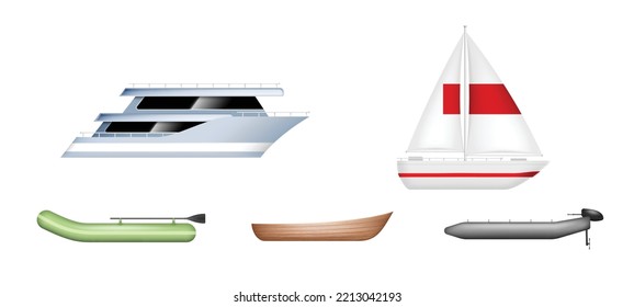 Set of boats realistic. Modern cruise yacht, sailing vessel, wooden boat and inflatable motor boat for fishing, travel or sport activities. 3d vector illustration