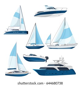 Set of boats with sails, one and double decked yachts