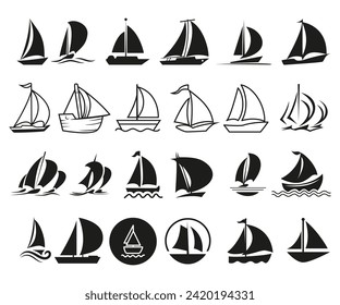 Set Boote setzen Segel in der Segelboot Silhouettes Vektorgrafik