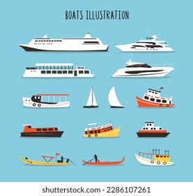 Set of boats, ships, yachts in bright colors. Vector illustration