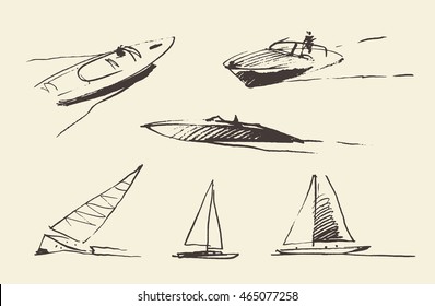 Set of boats sketches, hand drawn vector illustration