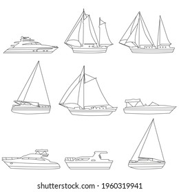 Set boats, speedboat, sailboat, vessel, yacht, icons, logo. Vector ship and motor boats, lineart editable stroke, illustration