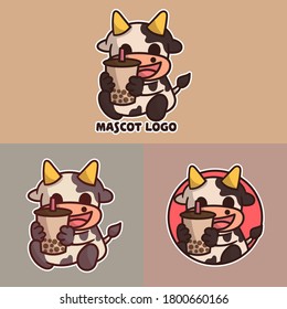 set of boba cow mascot logo with optional apprearance. premium kawaii vector