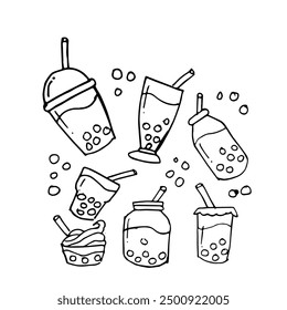 set of boba drink hand drawn sketch vector illustration