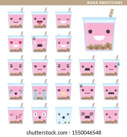 Set of boba tea emoticons with different faces and expressions.