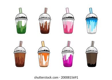 Set of Boba tea or pearl milk tea cups. Various flavors with Matcha tea, Coffee, Strawberry, Blue soda, Cacao, Thai tea, Taro and chocolate. Layers vector in Free hand illustration.