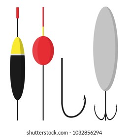 Set bobbers and hooks isolated on white background. Fishing accessories in flat style. Vector illustration