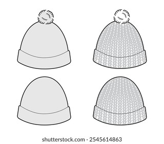 Conjunto de gorro de ganchillo Bobble con pompón. Cabeza de invierno tejida Accesorio de moda Gorra de ropa ilustración técnica. Vector headgear para hombres, mujeres, estilo unisex, Plantilla plana CAD maqueta boceto esquema