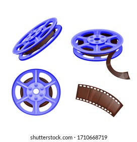 Set of bobines and tape, icons in cartoon style. Vector objects isolated on white