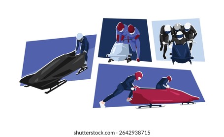 Set of bobsled, bobsleigh athlete in action. Extreme sport, race. Flat vector cartoon illustration.