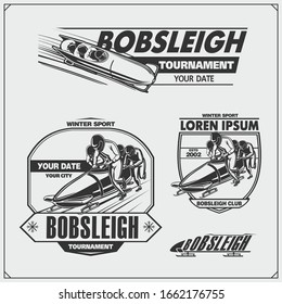 Set of bobsleigh emblems, labels and design elements. Winter sport set. 