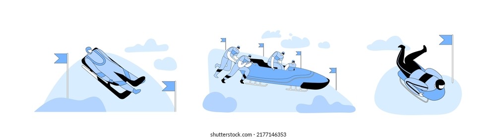 Set Bobsleigh and Skeleton Winter Sport Competition Racing. Outdoors Athletics Sports Activity Concept. Sportsmen Going Downhills by Sled and Bob, Dangerous Challenge. Cartoon Vector Illustration