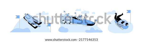 Set Bobsleigh and Skeleton Winter Sport\
Competition Racing. Outdoors Athletics Sports Activity Concept.\
Sportsmen Going Downhills by Sled and Bob, Dangerous Challenge.\
Cartoon Vector\
Illustration