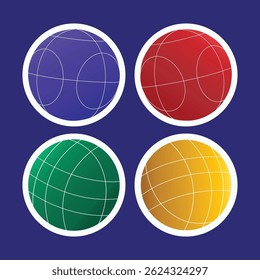 Set of bocce ball stickers in four team colors, perfect for games, icons, labels, and sports branding.