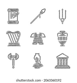 Set Body armor, Ancient bust sculpture, Parthenon, amphorae, Medieval axe, Harp, Neptune Trident and Decree, parchment, scroll icon. Vector
