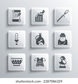 Set Body armor, Ancient bust sculpture, Socrates, Bottle of olive oil, Greek ancient bowl, Medieval sword, Decree, parchment, scroll and spear icon. Vector
