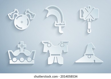Arma corporal, hacha medieval, corona de rey, sombrero de bruja, espada para el juego y escudo con icono. Vector