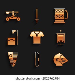 Set Body armor, Medieval bow, iron helmet, flag, Shield, Executioner axe in tree block, Wooden mug and Catapult shooting stones icon. Vector