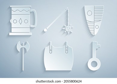 Set Body armor, Shield, Medieval axe, Old key, chained mace ball and Wooden mug icon. Vector