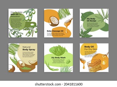 Conjunto de ilustración plana del vector del afiche del afiche cuadrado del aceite corporal grabado. Recolección de cosméticos naturales para el cuidado de la piel para relajación, hidratación y masaje. Promo afiche diy producto de cuidado de recetas con lugar para texto