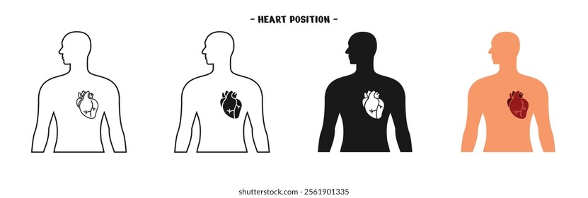 set of body organ designs, position of the human heart, simple outline and colored style, editable vector eps 10.