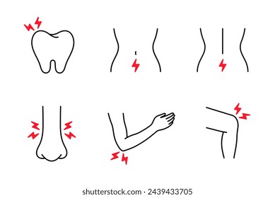 Conjunto de dolor corporal. Analgésico, concepto analgésico. Puntos de inflamación y lesión. Humano con dolor de cabeza, menstrual, dolor abdominal, mano, codo, columna vertebral, diente, nariz. Contorno, arte de línea fina, dibujado a mano