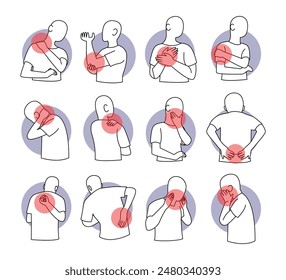 Set of Body parts pain, Man feels pain, becomes disabled by disease, body aches in different parts, vector illustration with chest pain, elbow, face, hand, hip, jaw, neck, shoulder, tmj pain.