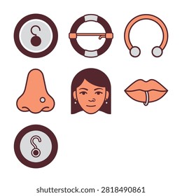 Set of body piercing icons featuring nose stud, lip ring and ear jewelry. Modern vector design suitable for tattoo studio, piercing shop or medical clinic web design.