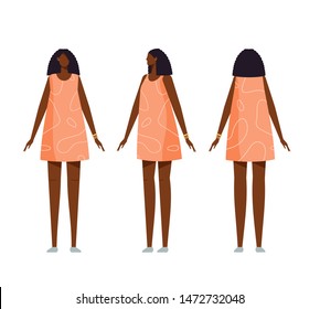 Set of body positions for animation. Front, side, rear. Different poses female character. Afro American young slim pretty woman. Girl with black skin and curly hairstyle. Vector illustration