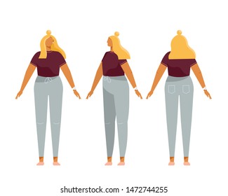 Set of body positions for animation. Front, side, rear. Different poses female character. Full young blond woman. Vector trendy illustration, flat style. White background, isolated. 