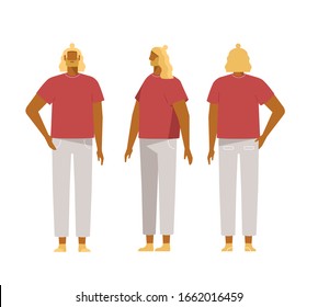 Set of body positions for animation. Front, side, rear. Male cartoon character, different poses. Vector trendy illustration, flat design. White background, isolated. 