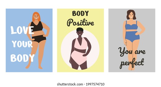 Set of body positive cards. Plus size women with title. Love your body. You are perfect. Diverse group of women in swimsuits or underwear.