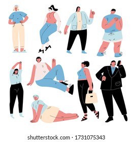 Set of body positive funny different overweight people in casual clothes. Vector illustration in flat cartoon style.
