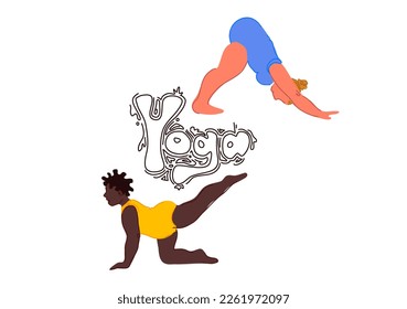 Set of body positive international women doing yoga exercise. Cartoon characters.  Yoga vector set.