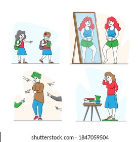 Set Body Shaming Theme. Schoolgirl Laughing and Pointing at Obese Girl. Women Characters Dissatisfied with Figure, Appearance or Weight. Bodyshaming, Abuse, Bullying. Linear People Vector Illustration