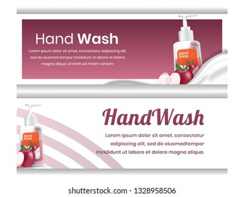 Set of body wash, hand wash cleanser with apple aroma therapy banner design template with 3d realistic style for brochure, poster, magazine cover, flyer, card and background in A4 format size paper.