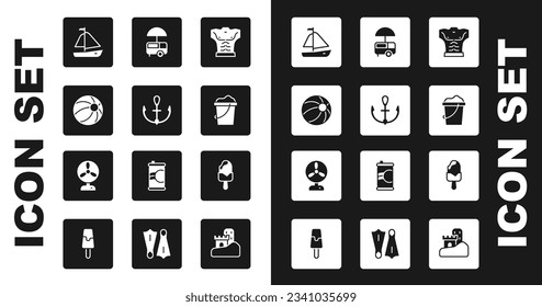 Set Bodybuilder muscle, Anchor, Beach ball, Yacht sailboat, Sand in bucket, Fast street food cart, Ice cream and Electric fan icon. Vector