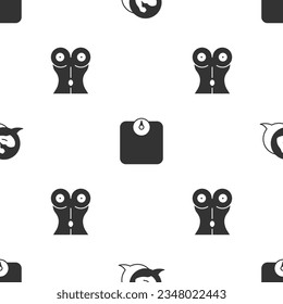 Set Bodybuilder muscle, Bathroom scales and Women waist on seamless pattern. Vector