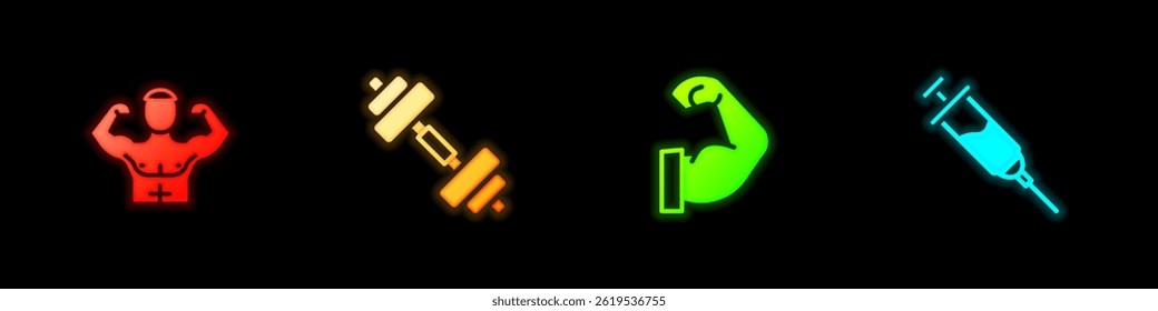 Set Bodybuilder muscle, Dumbbell,  and Doping syringe icon. Vector