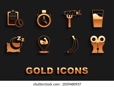 Set Bodybuilder muscle, Glass with water, Women waist, Banana, Time to sleep, Carrot on fork, Sport training program and Stopwatch icon. Vector