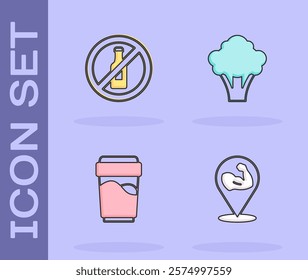 Set Bodybuilder muscle, No alcohol, Glass with water and Broccoli icon. Vector