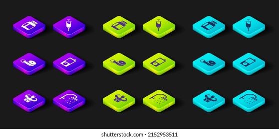 Set Bodybuilder muscle, Shower head, Tape measure, Music player, Doping syringe and Sports nutrition icon. Vector