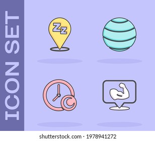 Set Bodybuilder muscle, Sleepy, Time to sleep and Fitness ball icon. Vector